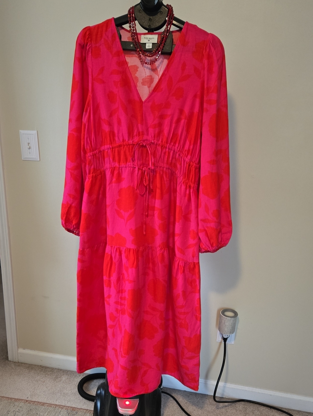 kate spade Hot Pink and Red Floral Tiered V-Neck Maxi Dress